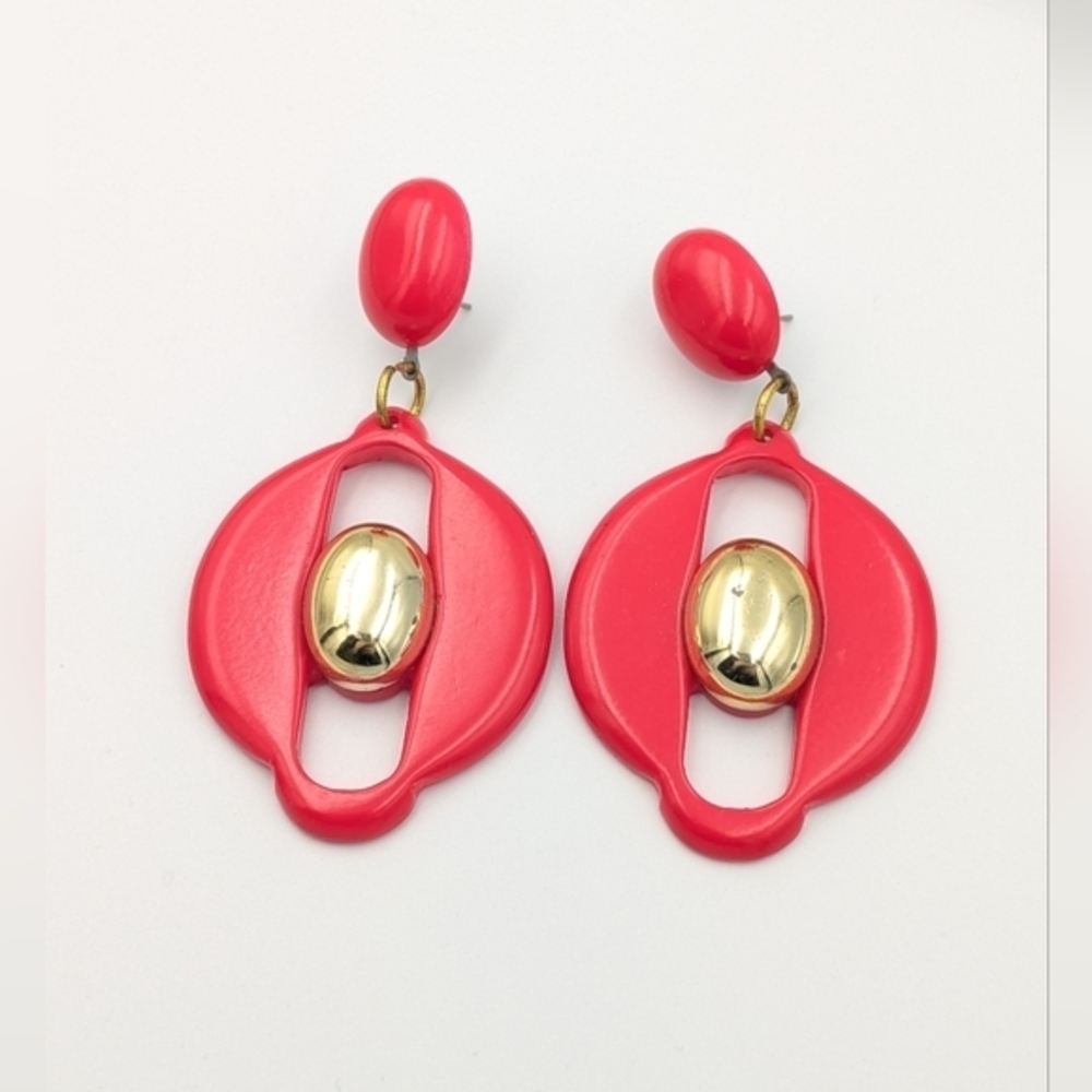 Large red and gold tone statement retro dangle earrings